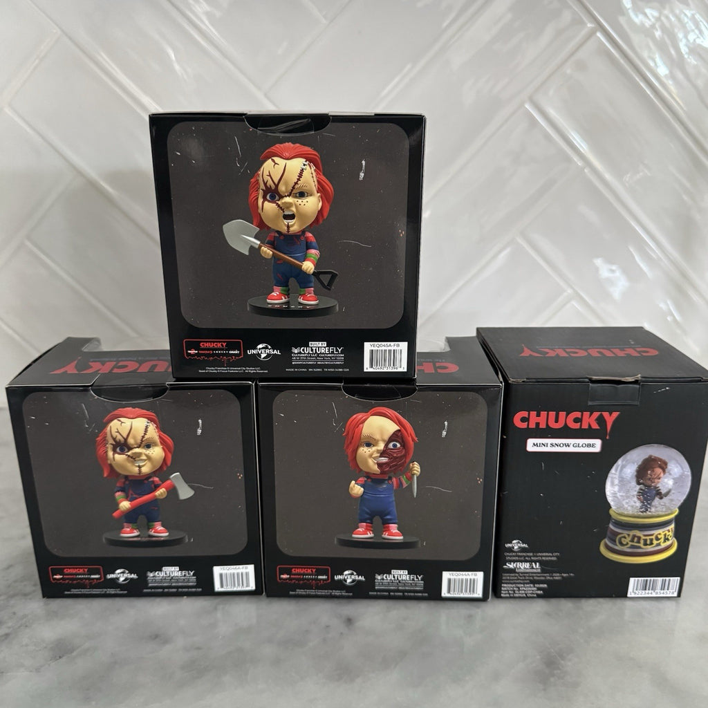 Chucky Bobblehead Lot CultuFly 1991 1998 2004 + Mini Snow Globe Horror NIB RARE