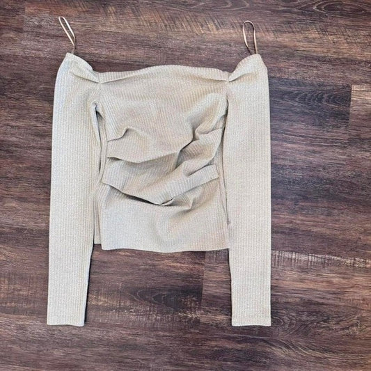 Zara Metallic Ribbed Ruched Long Sleeve Top – Size S