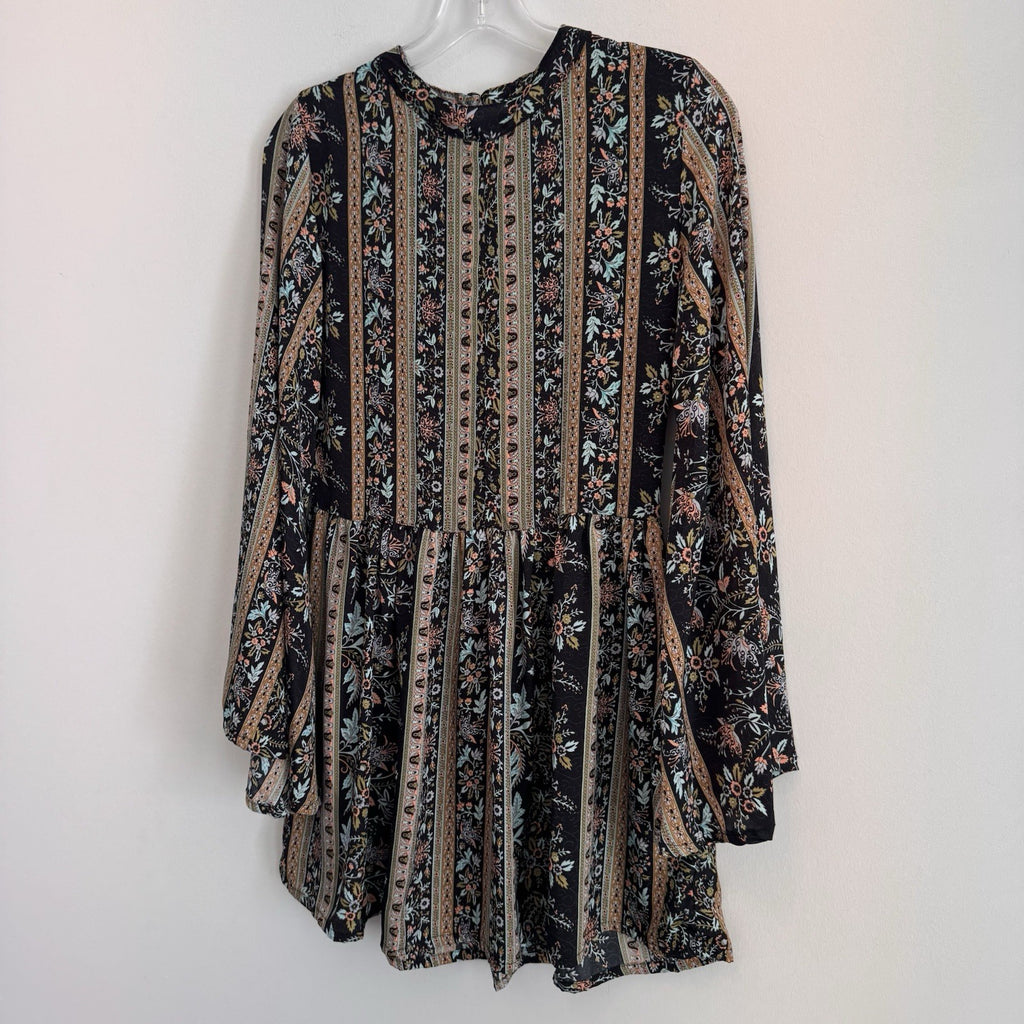 Earthbound Trading Co Boho Floral Bell Sleeve Mini Dress Small Black  Women’s
