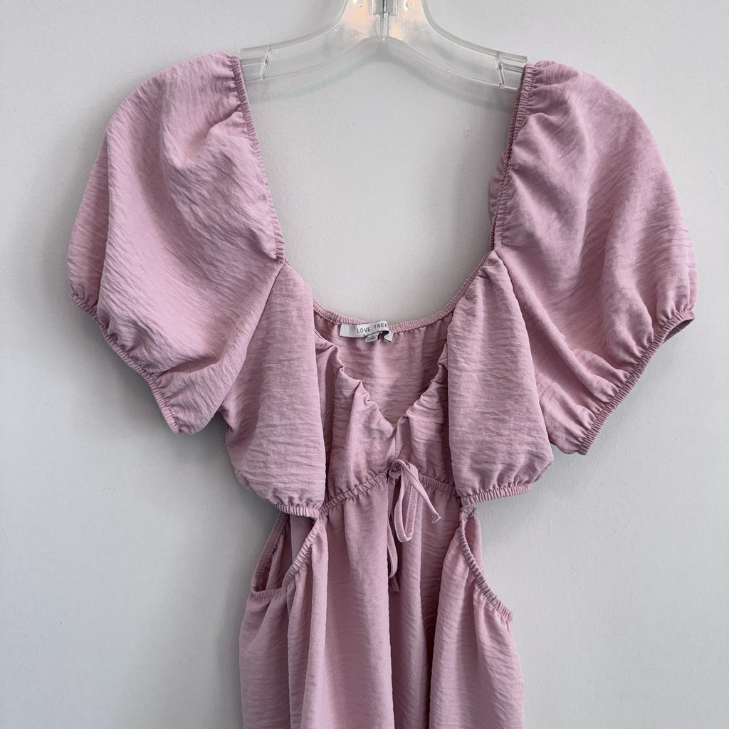 Love Tree Pink Cut Out Midi Dress Puff Sleeve Tie Waist Size L