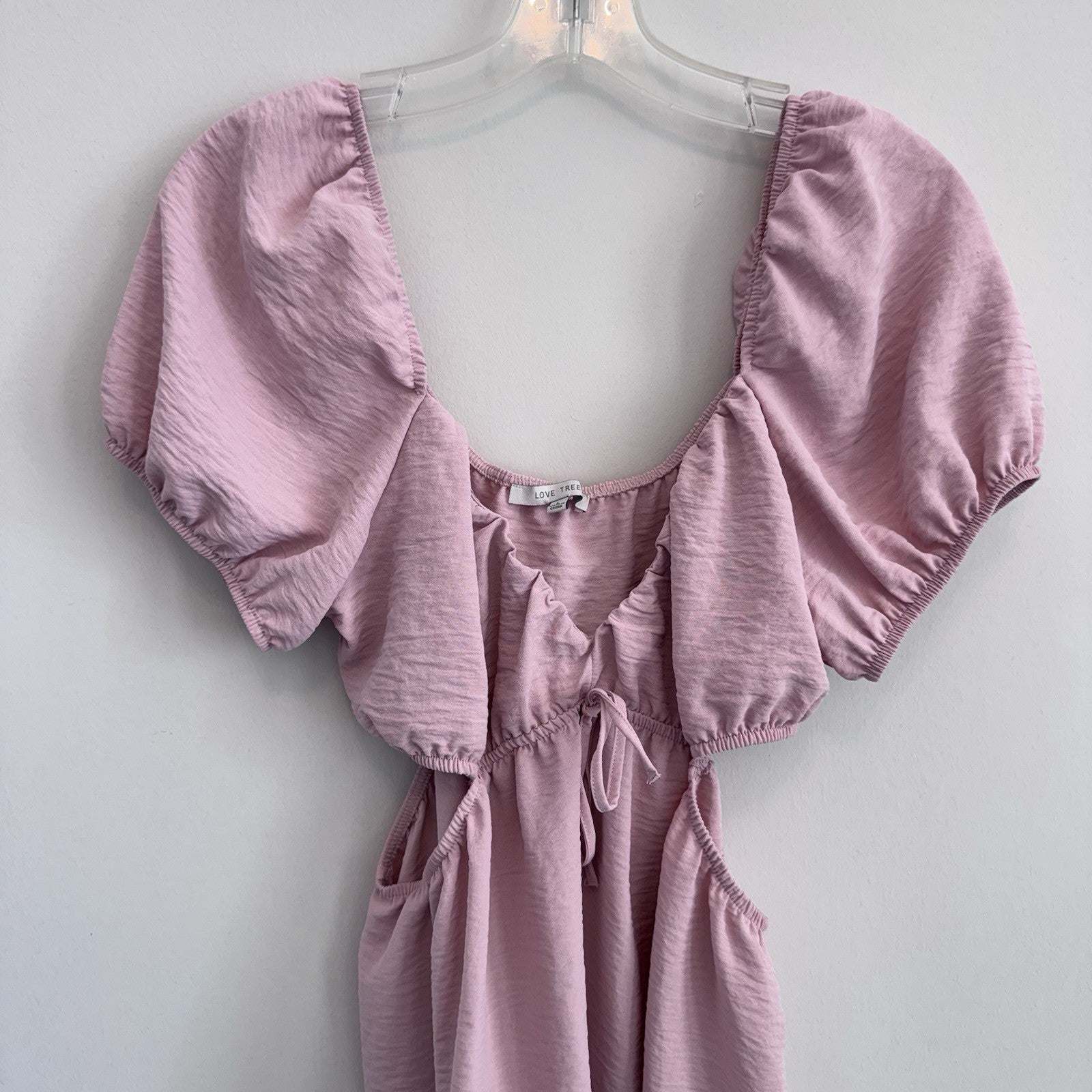 Love Tree Pink Cut Out Midi Dress Puff Sleeve Tie Waist Size L
