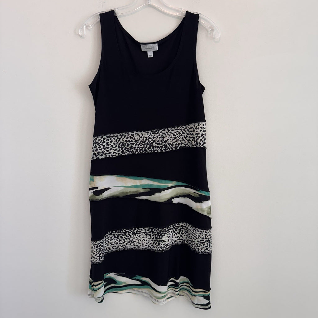 Dressbarn Women 6 Black Shift Dress Leopard Print Teal Tiered Ruffle Sleeveless