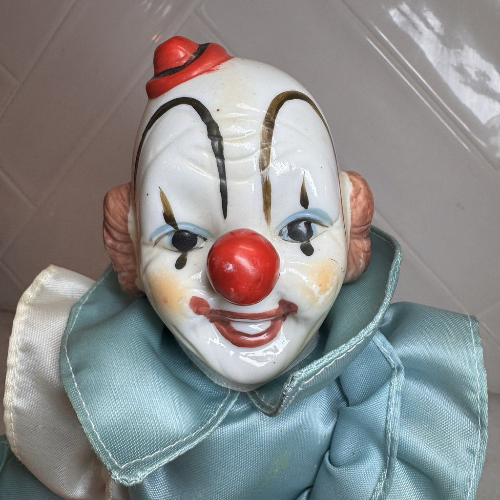Vintage Porcelain "Shelf Sitter"  Weighted Clown Dolls - Set of 2 - Hand Painted