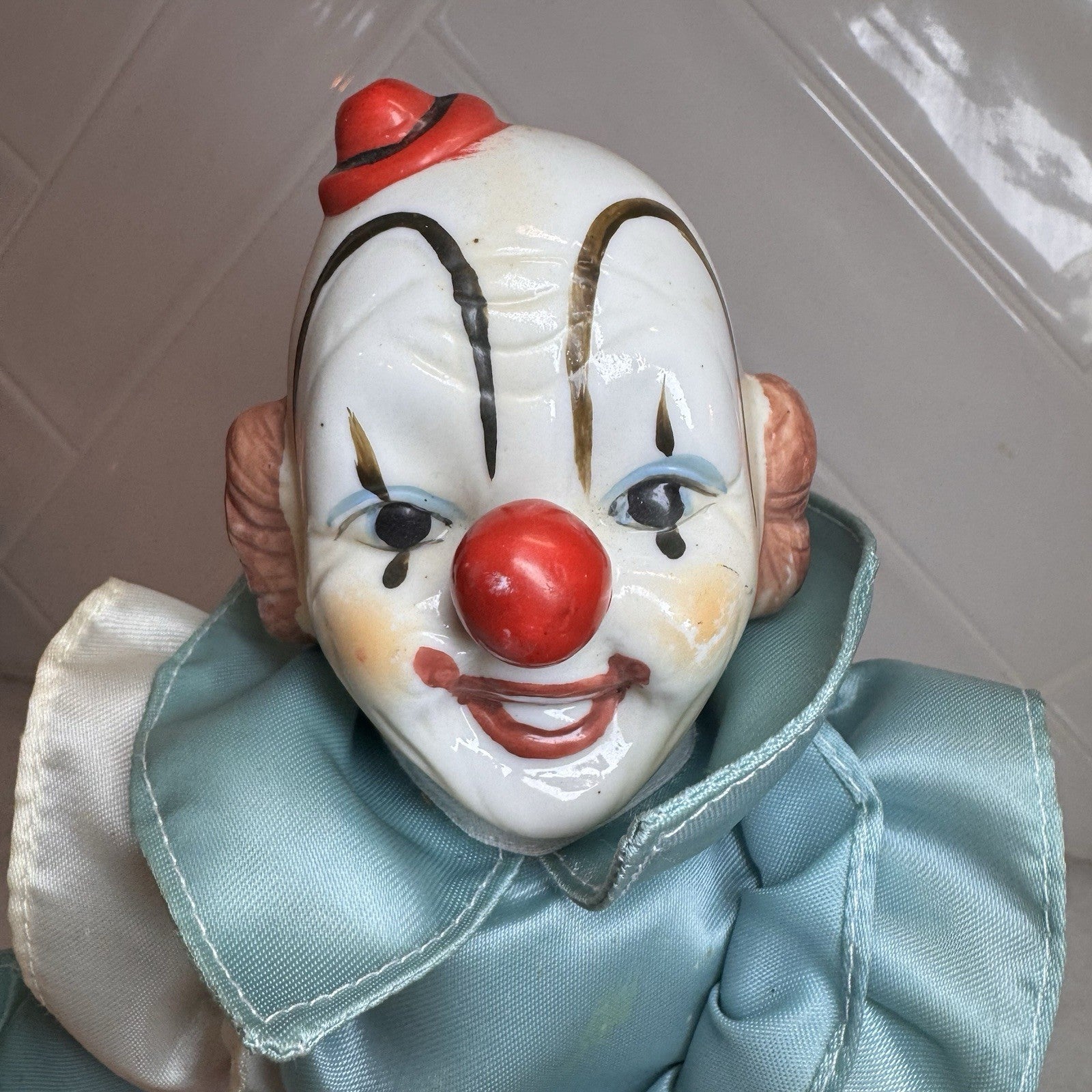 Vintage Porcelain "Shelf Sitter"  Weighted Clown Dolls - Set of 2 - Hand Painted