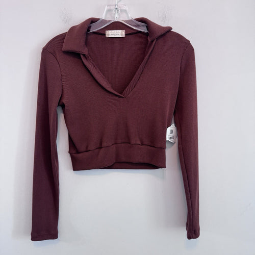 Altar’d State Ribbed Crop Top XS Collared Long Sleeve Brown NWT