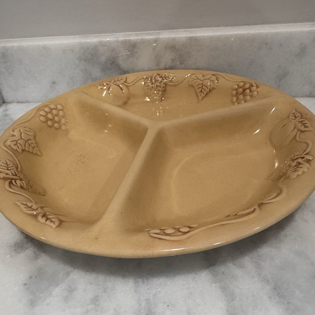 Vintage Ceramic Divided Serving Tray 13" Round 3-Section Appetizer Platter Yello