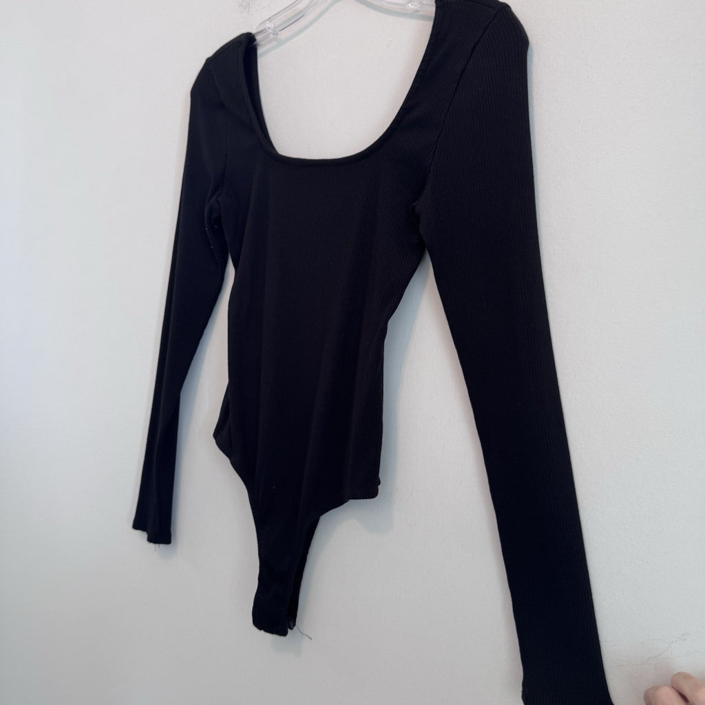 Altar’d State Black Ribbed Bodysuit M Square Neck Long Sleeve Stretch