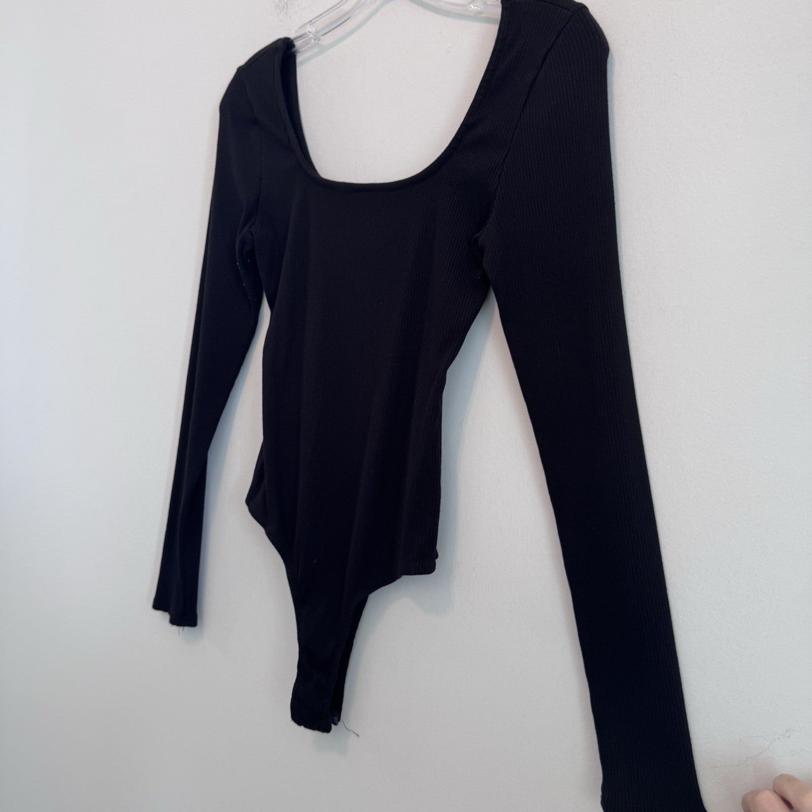Altar’d State Black Ribbed Bodysuit M Square Neck Long Sleeve Stretch