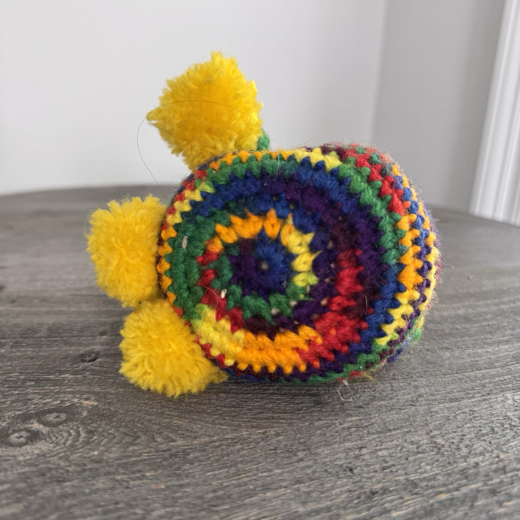 Vintage Sad Clown Crochet Pom Pom Doll Rainbow 6" Mid Century Handmade Folk Art