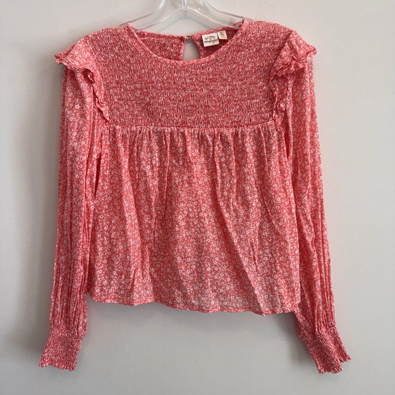 Wrangler Billabong Coral Floral Smocked Blouse S Boho Western Top Women’s