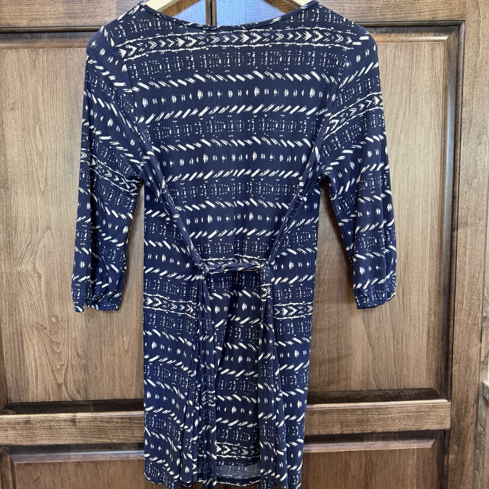 PinkBlush Navy Blue White Abstract Print Maternity Dress Tie Waist 3/4 Sleeve