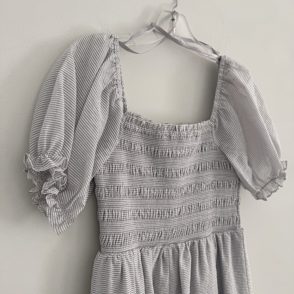 She + Sky Striped Smocked Mini Dress Women's Size M Puff Sleeve Tiered Boho