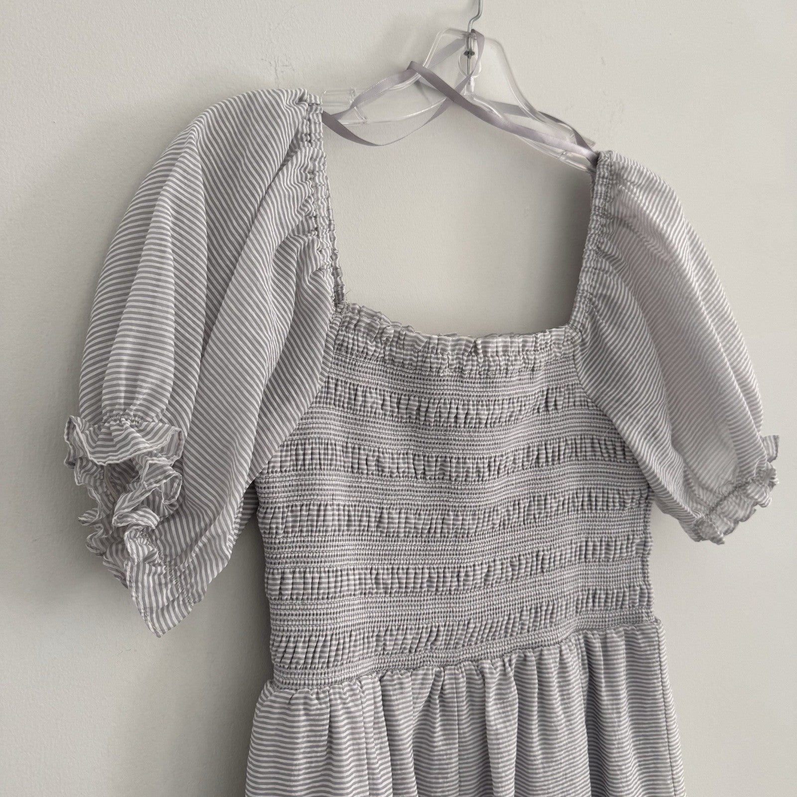 She + Sky Striped Smocked Mini Dress Women's Size M Puff Sleeve Tiered Boho