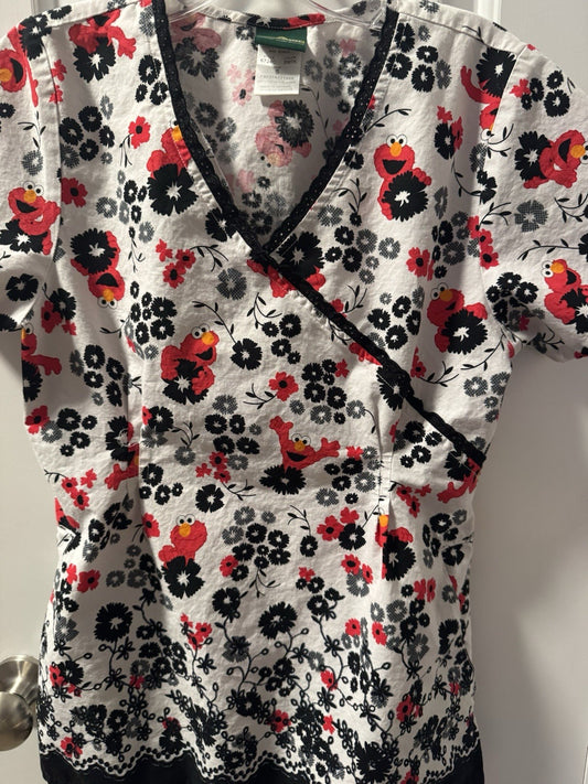 Women's Size Small Sesame Street Elmo White Red Black Floral Scrub Top