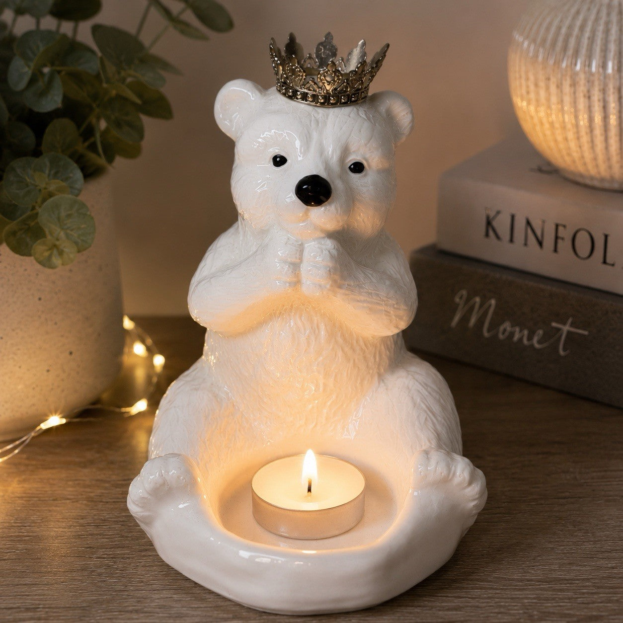 Vintage White Polar Bear Jewelry Dish / Candle Holder w Crown Decor Ceramic