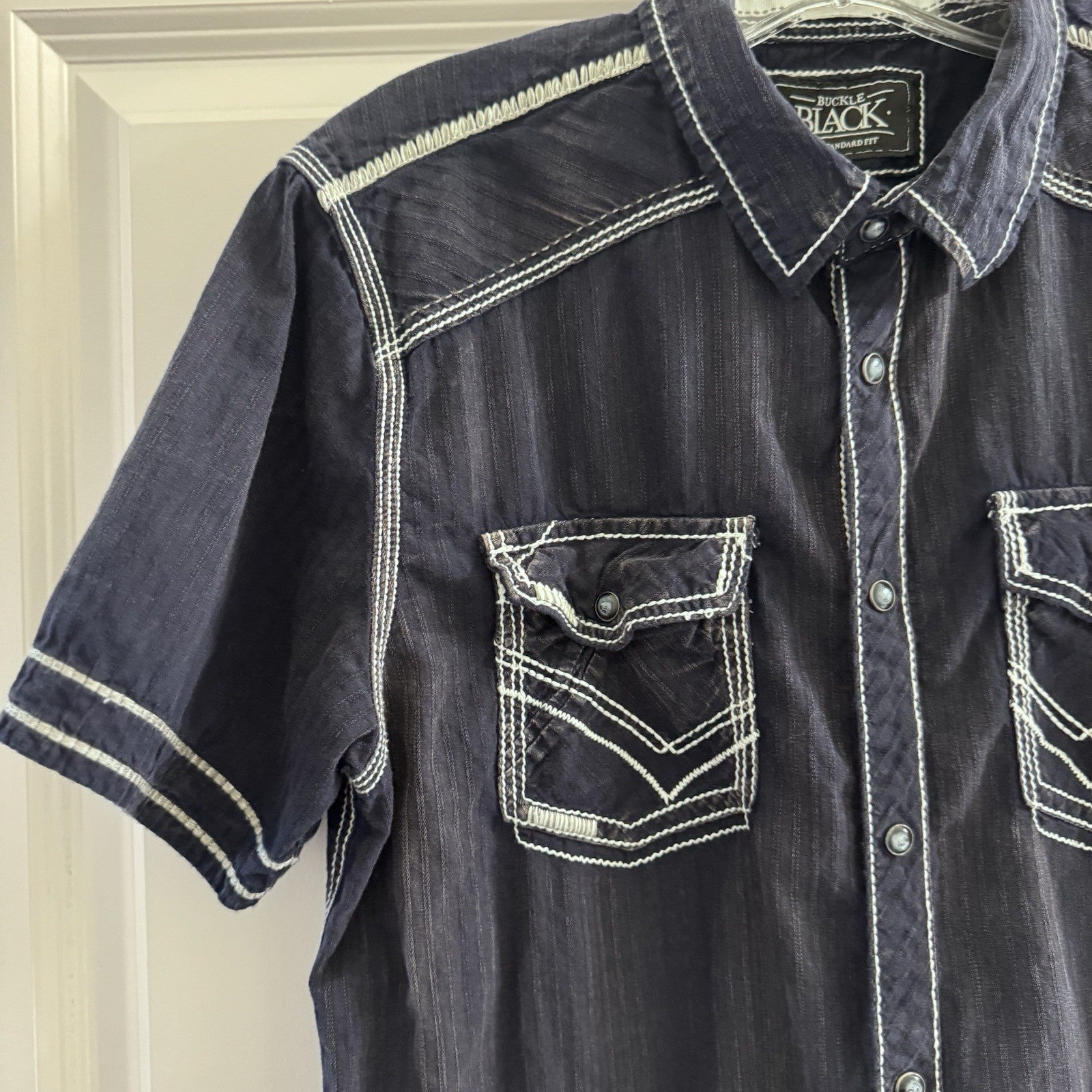 Buckle Black Shirt Men’s M Western Snap Front Denim Look Stitch Detail Cotton
