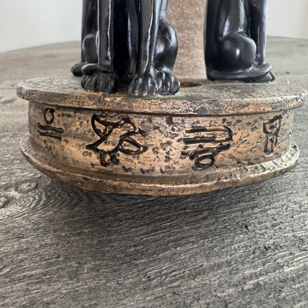 Egyptian Bastet Cat Candle Holder Trio Black Gold Resin Hieroglyphics Base