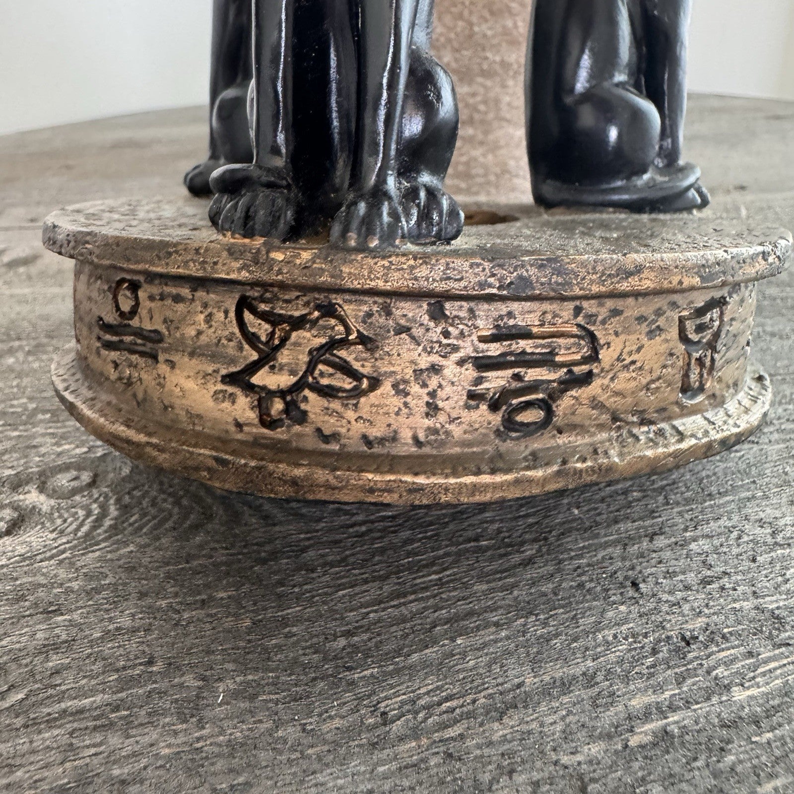 Egyptian Bastet Cat Candle Holder Trio Black Gold Resin Hieroglyphics Base