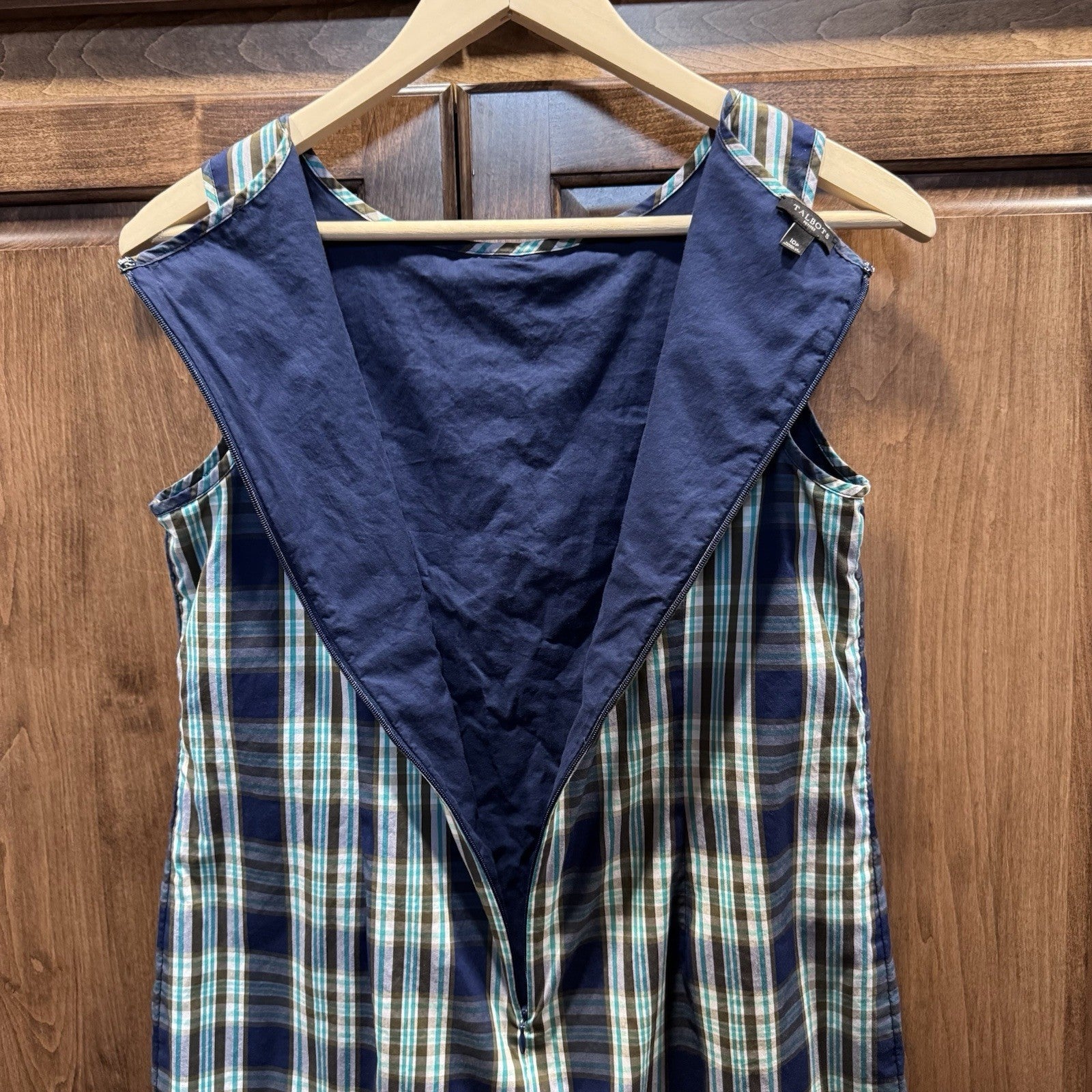 Talbots Petites 10P Sleeveless Plaid Dress Ruffle Front Blue Green 