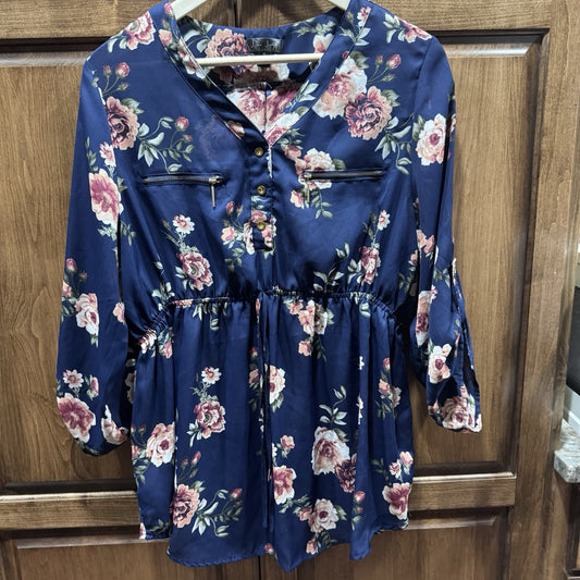 J for Justify Navy Floral V-Neck Blouse Tunic Top XL Gold Zippers Polyester