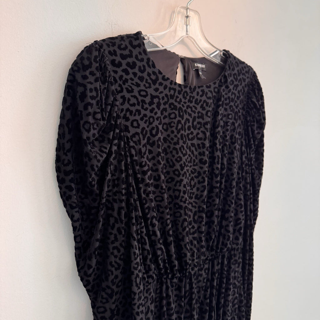Express Women Small S Leopard Print Burnout Velvet Dress Puff Sleeve Mob Wife