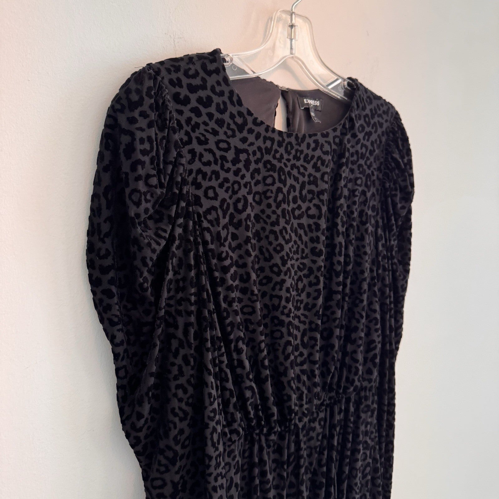 Express Women Small S Leopard Print Burnout Velvet Dress Puff Sleeve Mob Wife