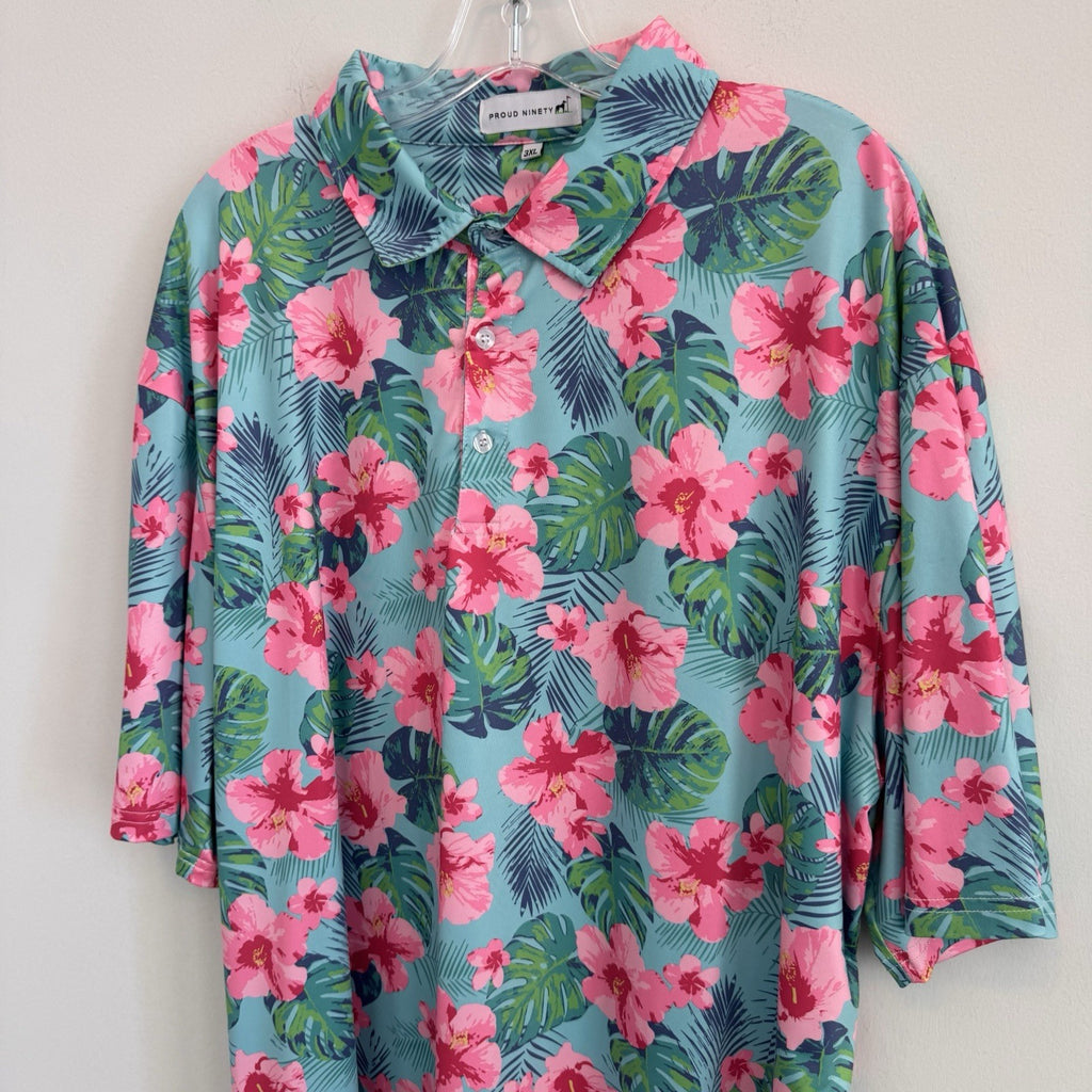 Proud Ninety Floral Golf Polo Shirt Men's Size 3XL Tropical Hibiscus Teal
