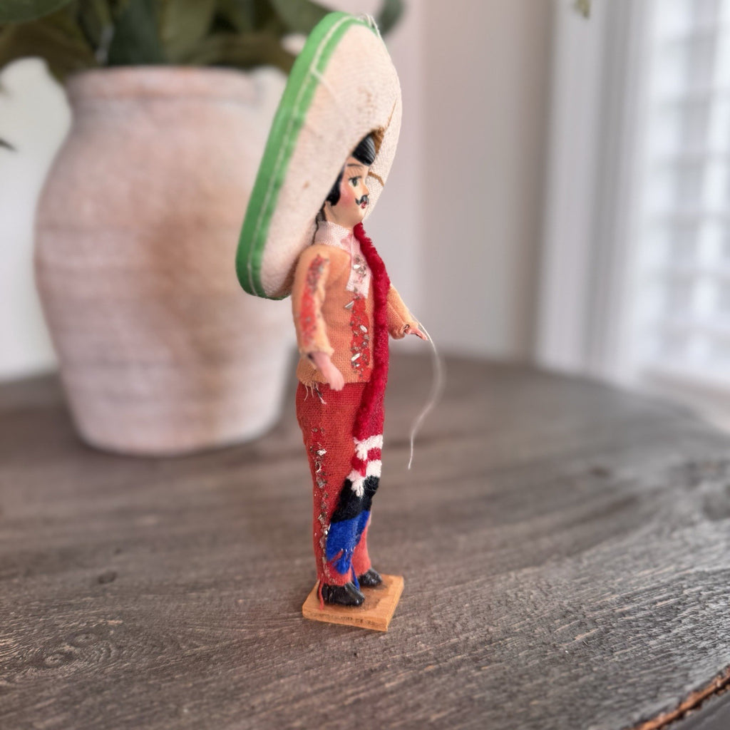 Vintage Mexican Souvenir Doll Mariachi Charro 7.5" Sombrero Serape Wood Base