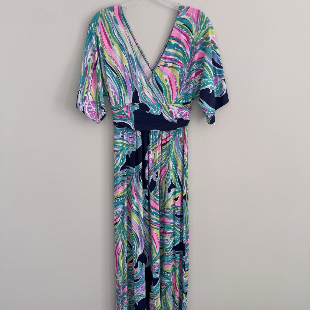Lilly Pulitzer Maxi Dress S Blue Pink Green Wrap V Neck Resort