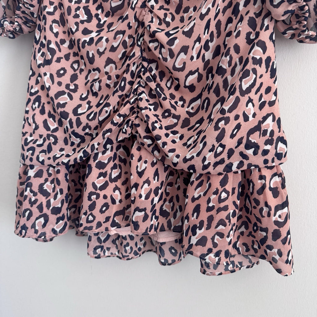 Sugar Lips Leopard Print Dress Small Ruched Ruffle Long Sleeve