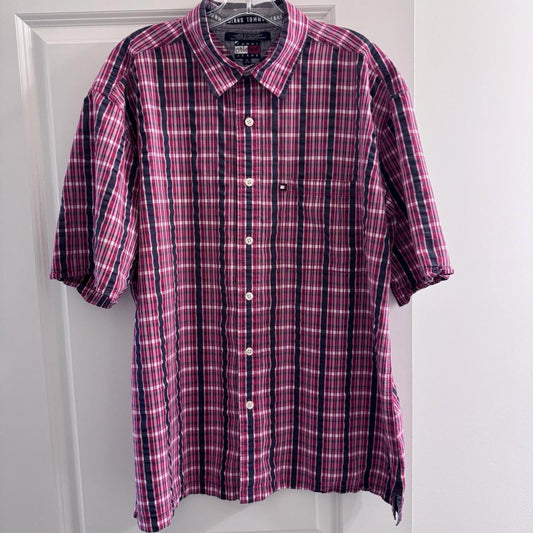 Vintage Tommy Jeans Red Plaid Shirt XL 2002 Mauritius Short Sleeve
