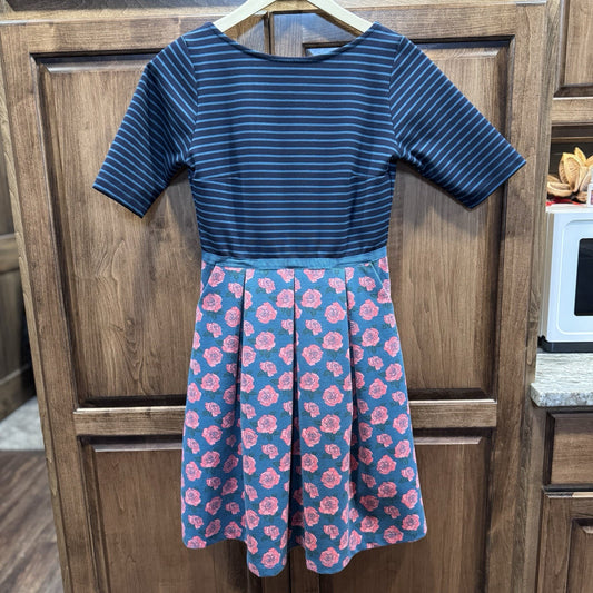 Matilda Jane Girls Dress Small Striped Floral Short Sleeve Fit & Flare Rose