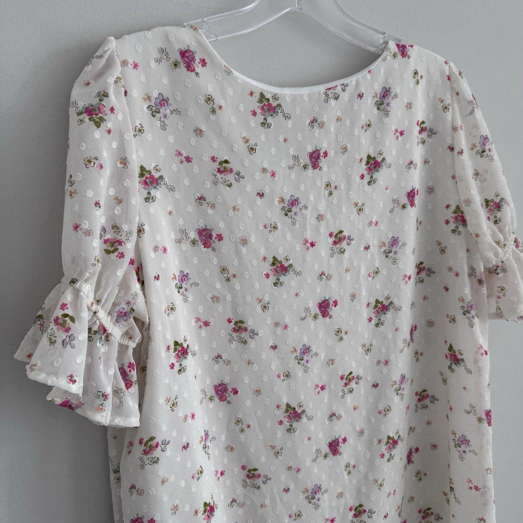 Reborn J Floral Swiss Dot Blouse Small Ivory Ruffle Sleeve
