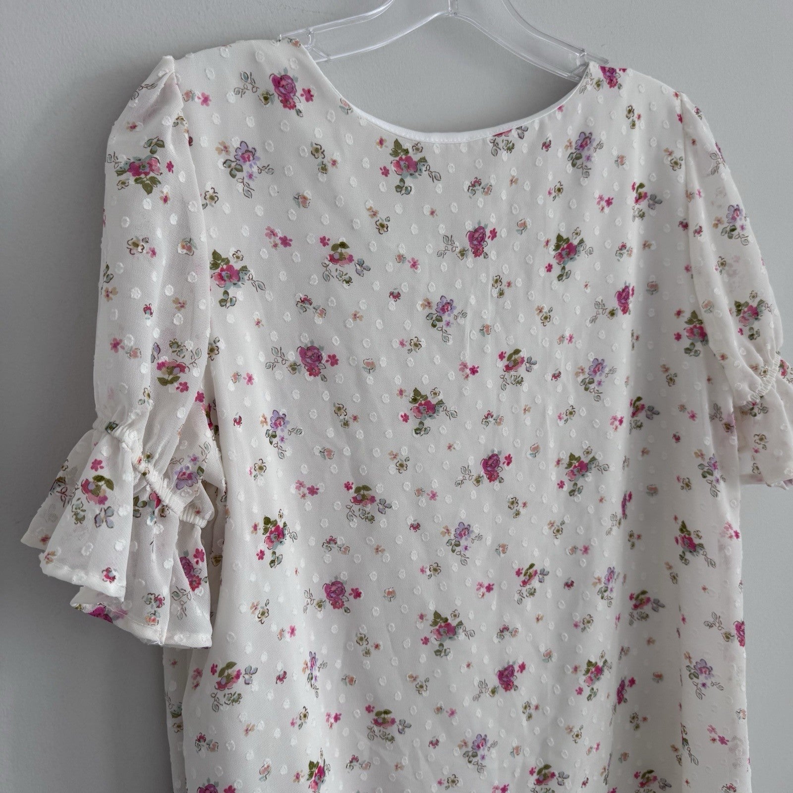 Reborn J Floral Swiss Dot Blouse Small Ivory Ruffle Sleeve