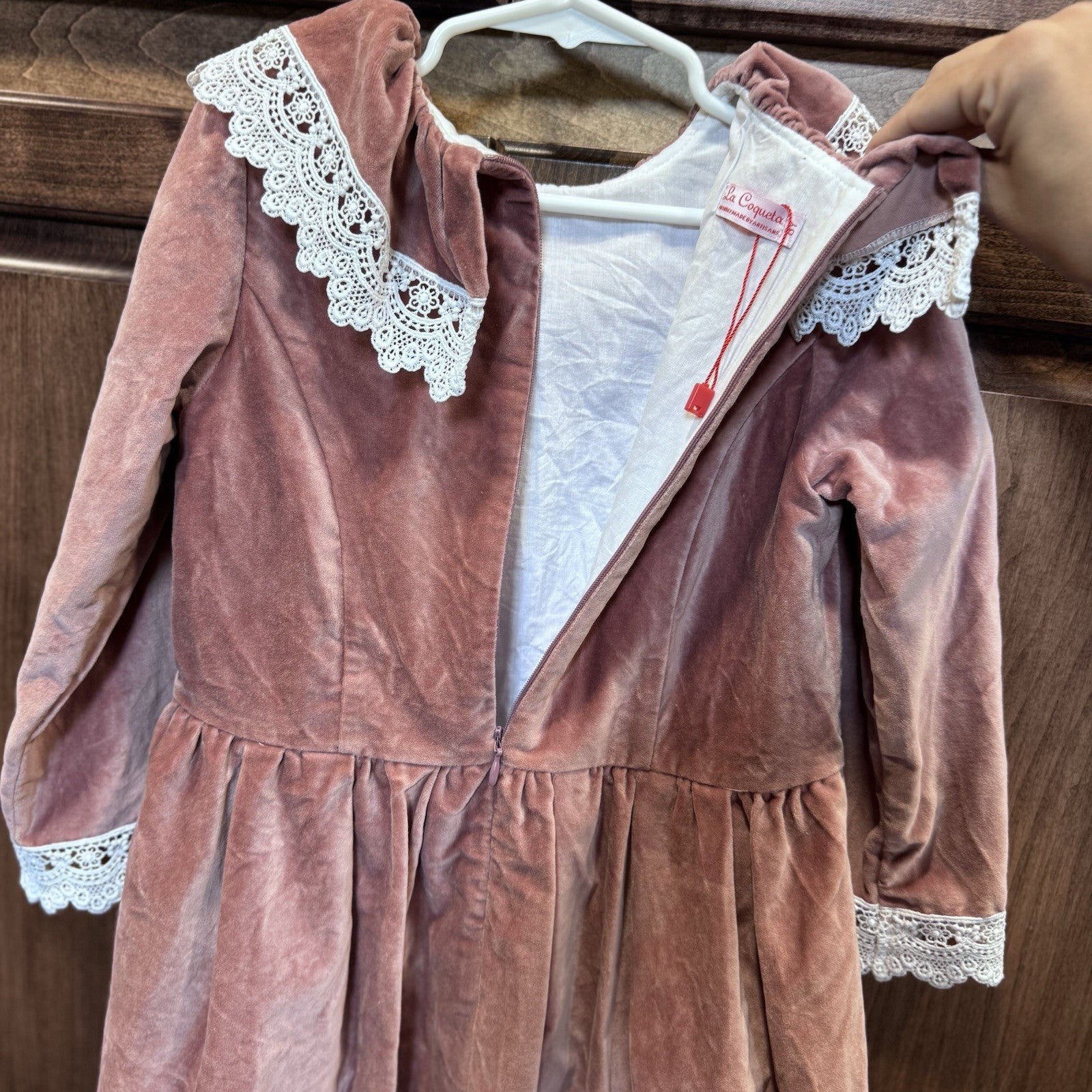 La Coqueta Velvet Pink Long Sleeve Dress with Lace Trim | Size 8 | 100% Cotton