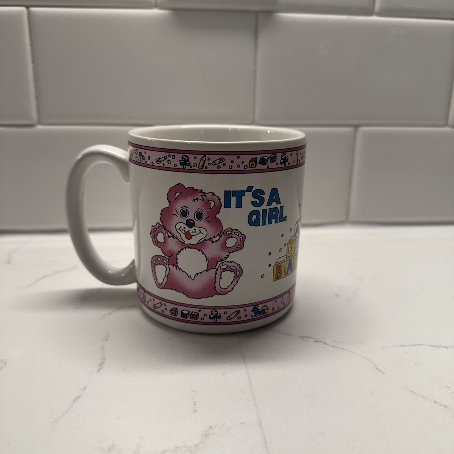 Vintage Coffee Mug - Its a Girl - Teddy Bear Pink/White 80s/90s Rare