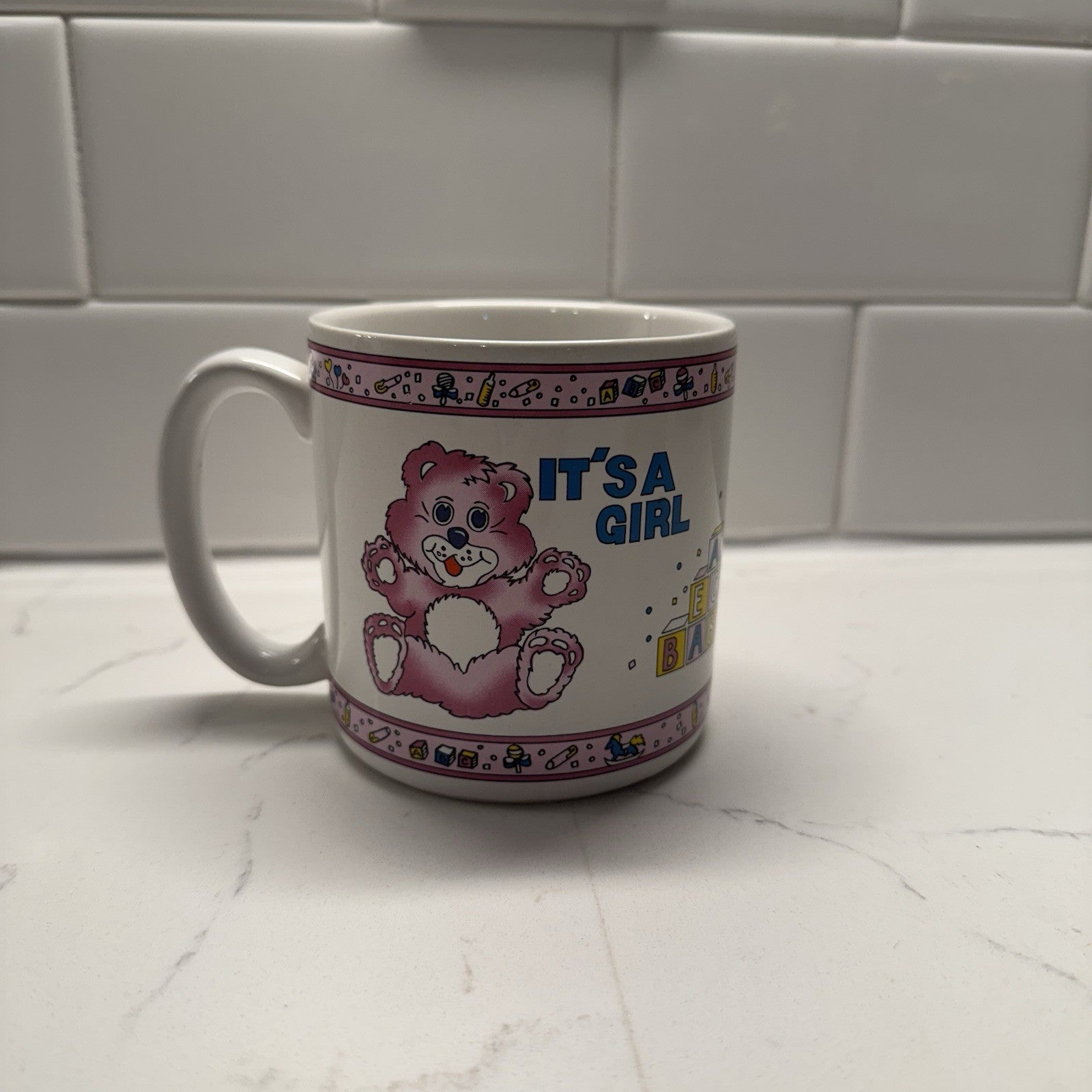 Vintage Coffee Mug - Its a Girl - Teddy Bear Pink/White 80s/90s Rare