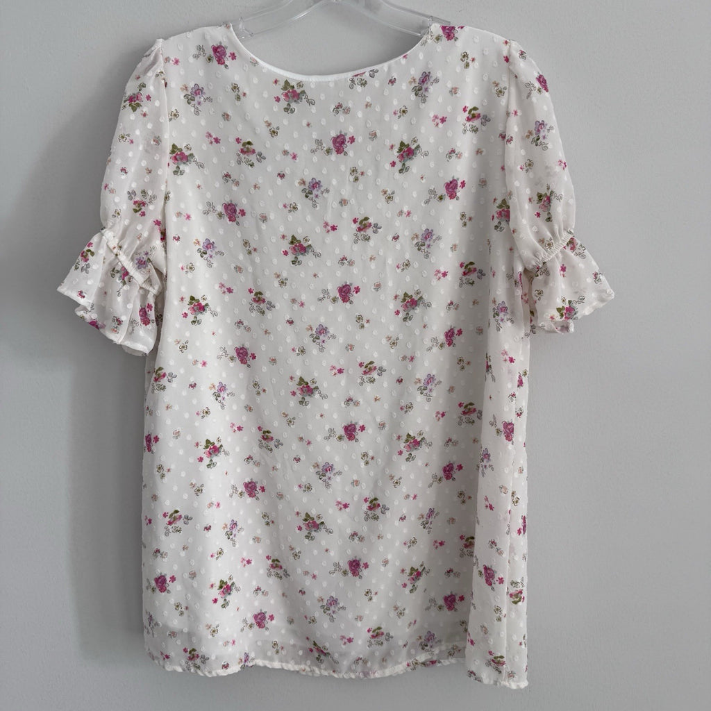 Reborn J Floral Swiss Dot Blouse Small Ivory Ruffle Sleeve