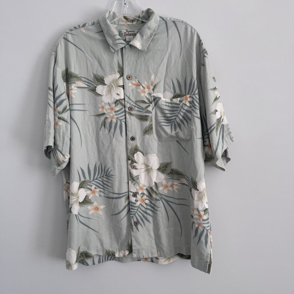 Tommy Bahama Silk Hawaiian Shirt Mens Medium Green Floral Tropical