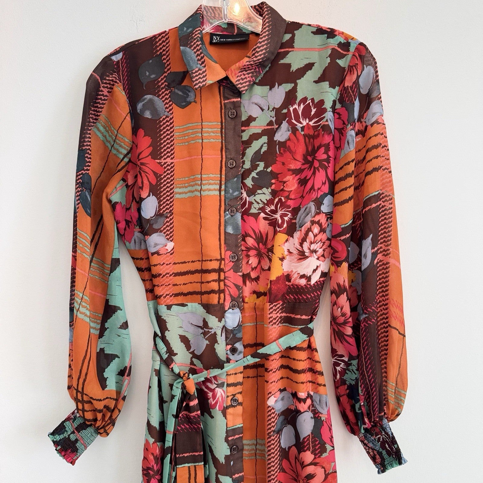 New York & Co XS Long Sleeve Midi Shirtdress Mixed Pattern Floral Plaid Belted
