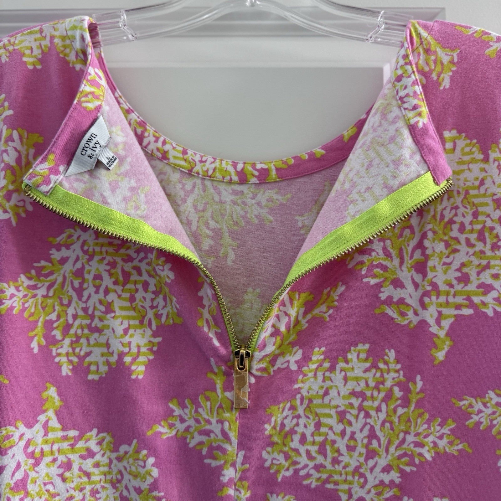 Crown & Ivy Womens Pink Coral Print Dress LARGE 3/4 Sleeve Back Zip Cotton Modal