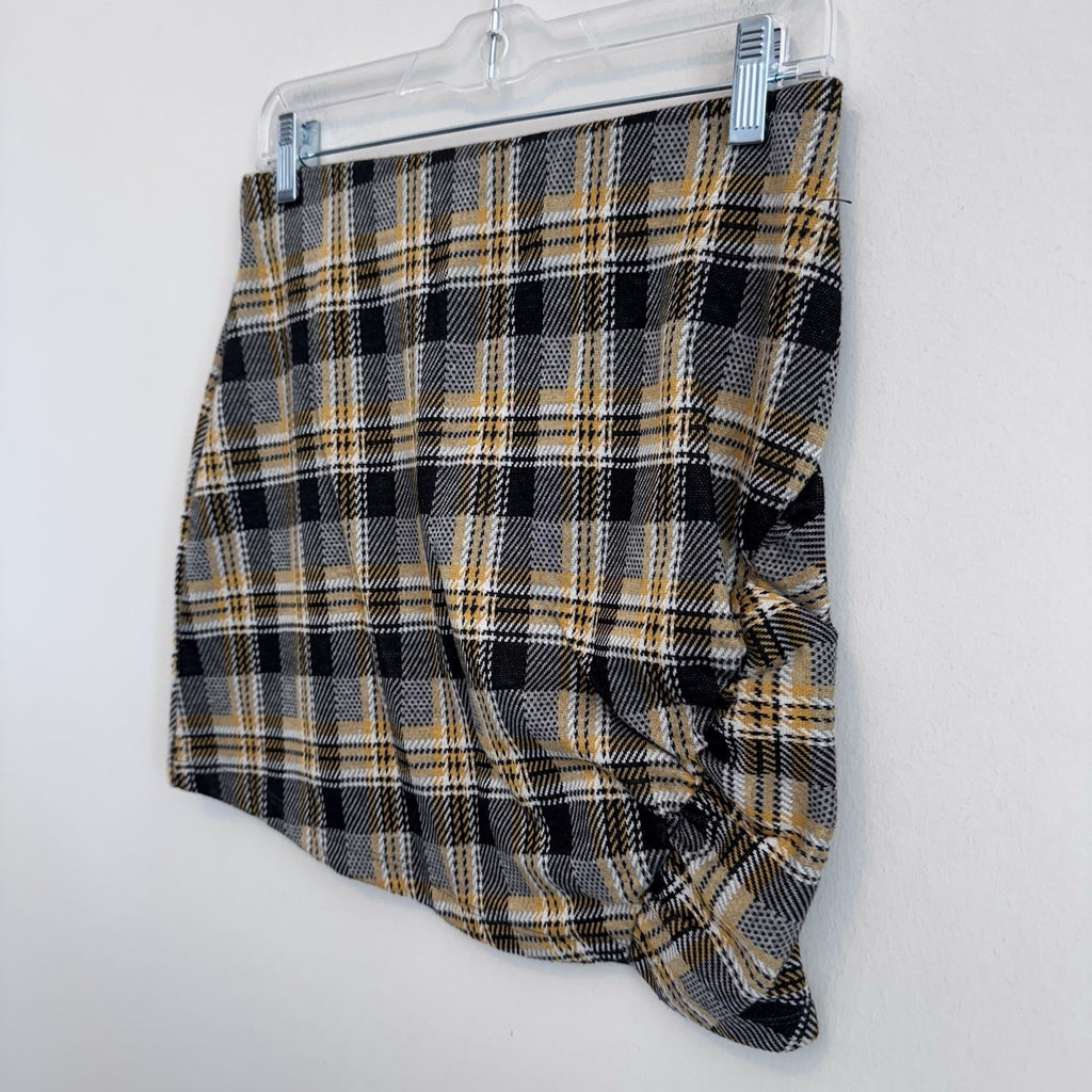Urban Outfitters Plaid Mini Skirt Yellow Black Grey Ruched Knot Front Women's M