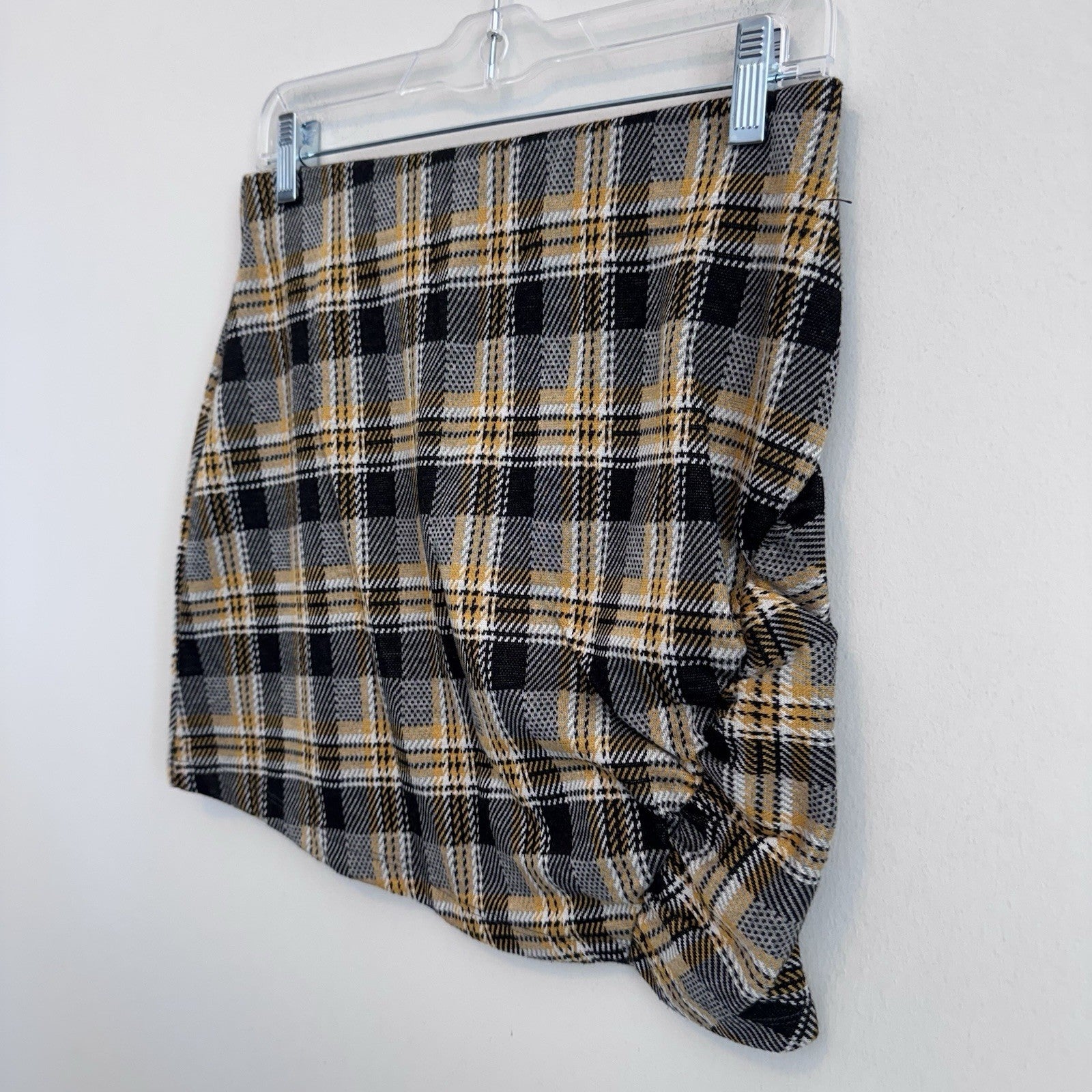 Urban Outfitters Plaid Mini Skirt Yellow Black Grey Ruched Knot Front Women's M