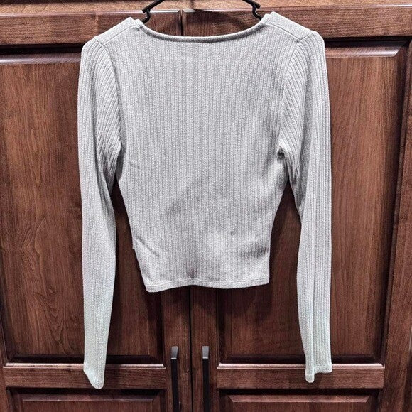 Abercrombie & Fitch Ribbed Wrap Crop Top Women's Small Gray Long Sleeve V-Neck