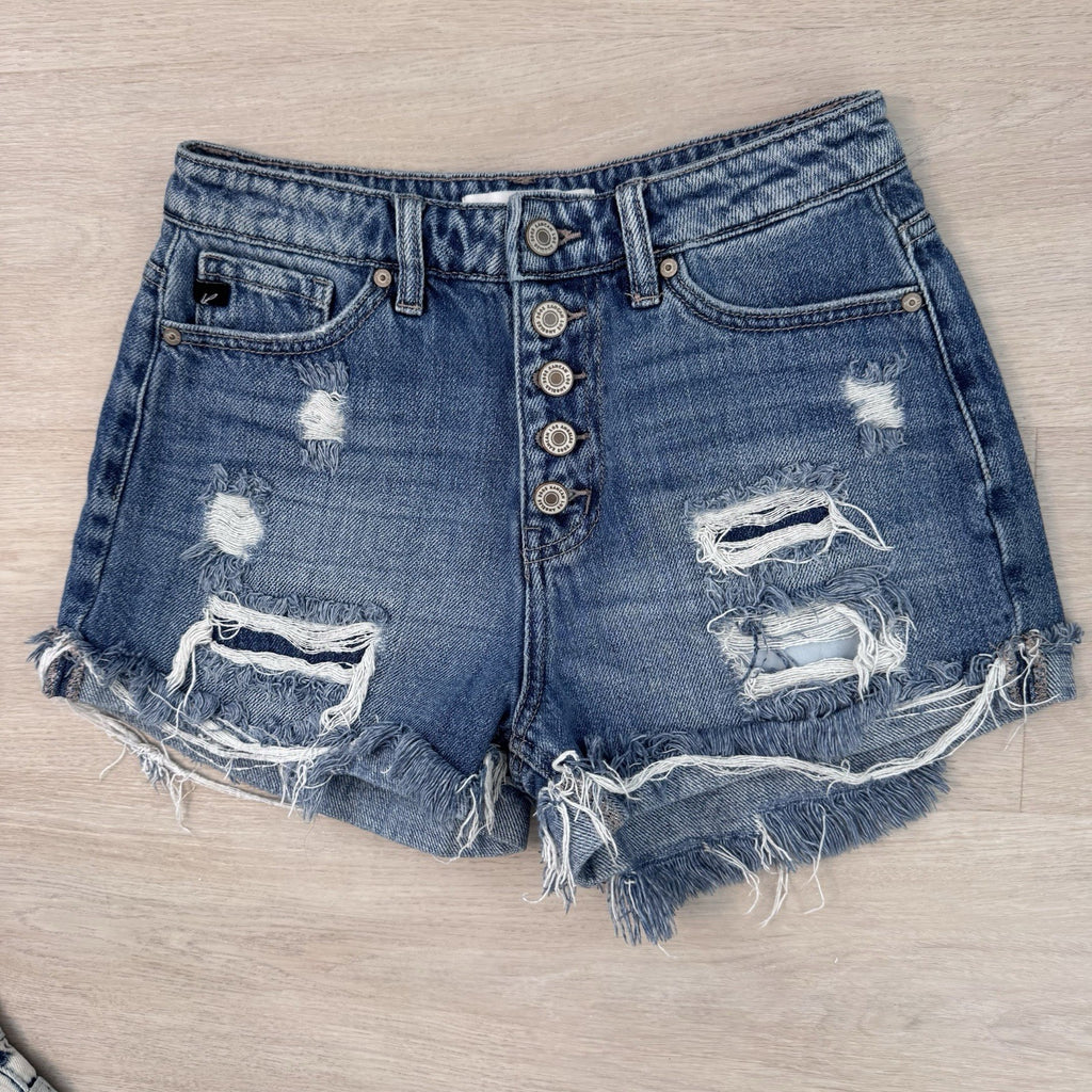 KanCan Distressed Denim Shorts Women’s Small Button Fly Raw Hem Festival