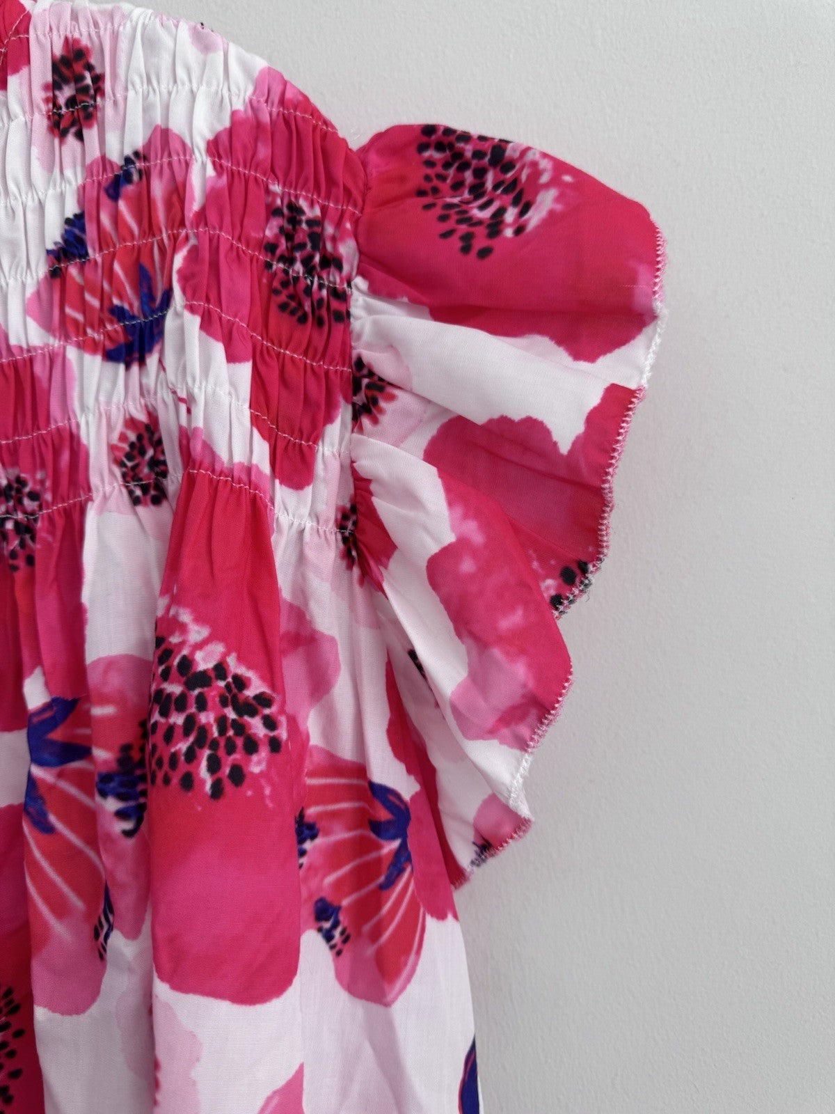 BiBi Pink Floral Blouse Small Smocked Ruffle Sleeve Button Front Top