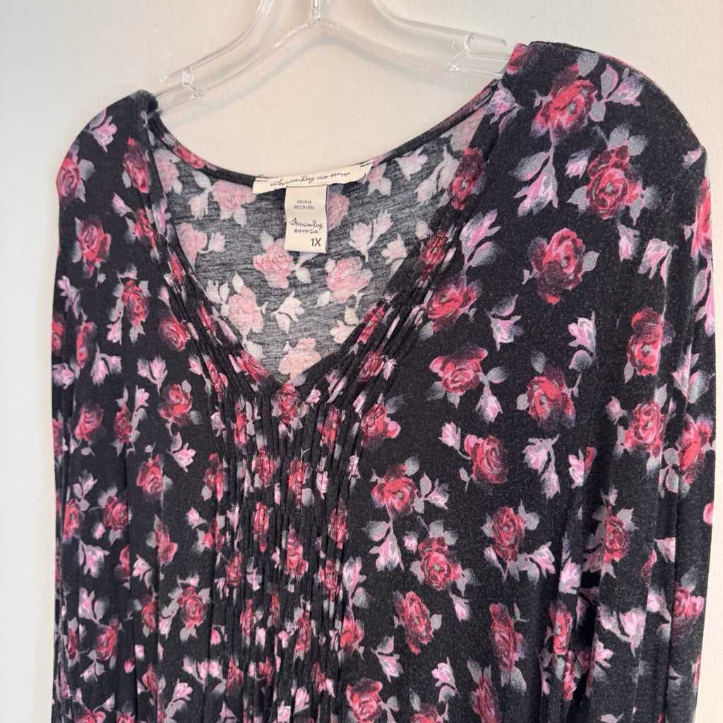 American Rag Floral Tunic Top 1X Black Pink Roses Boho Handkerchief Hem Women’s