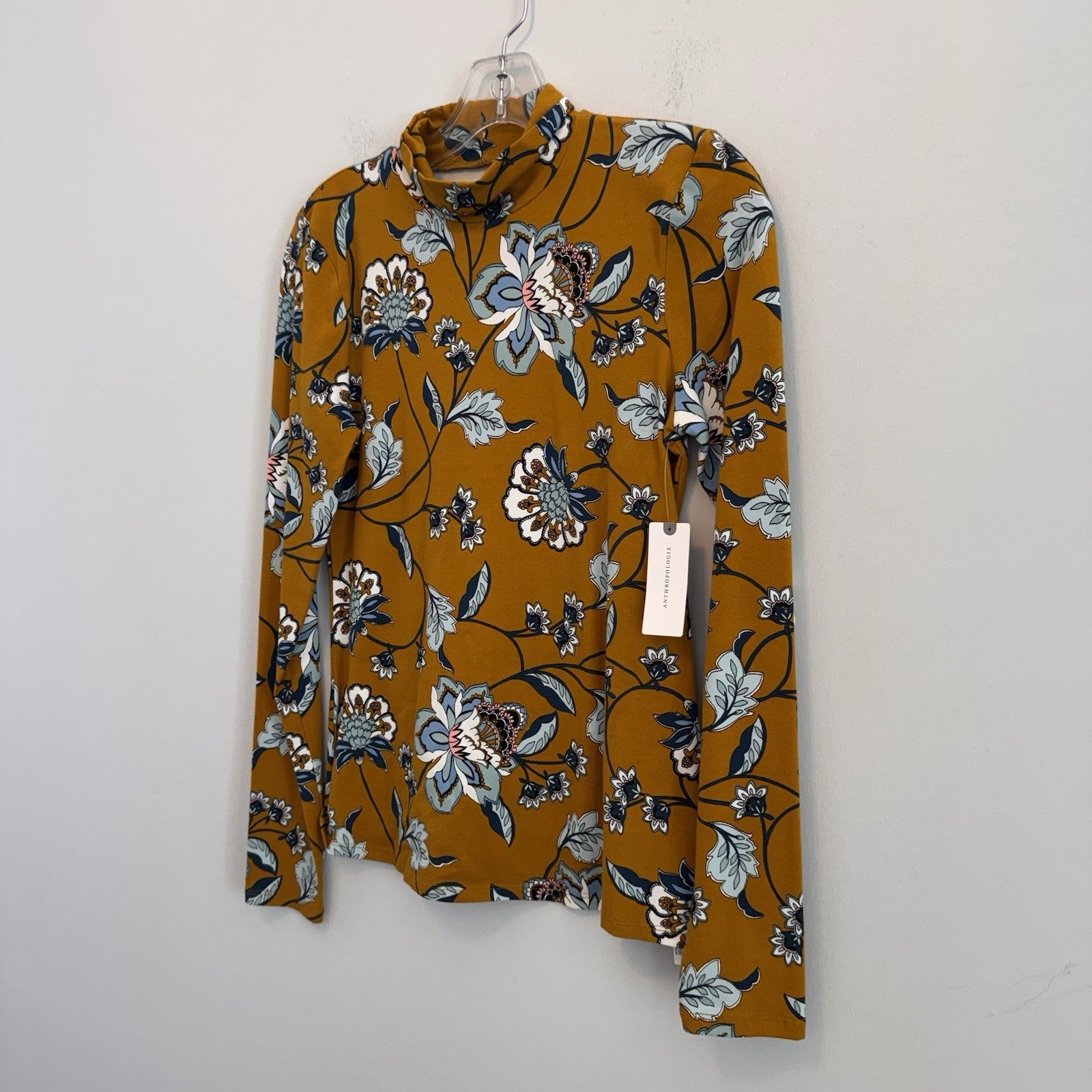 Maeve Anthropologie Floral Mock Neck Top XS Mustard Long Sleeve NWT Boho