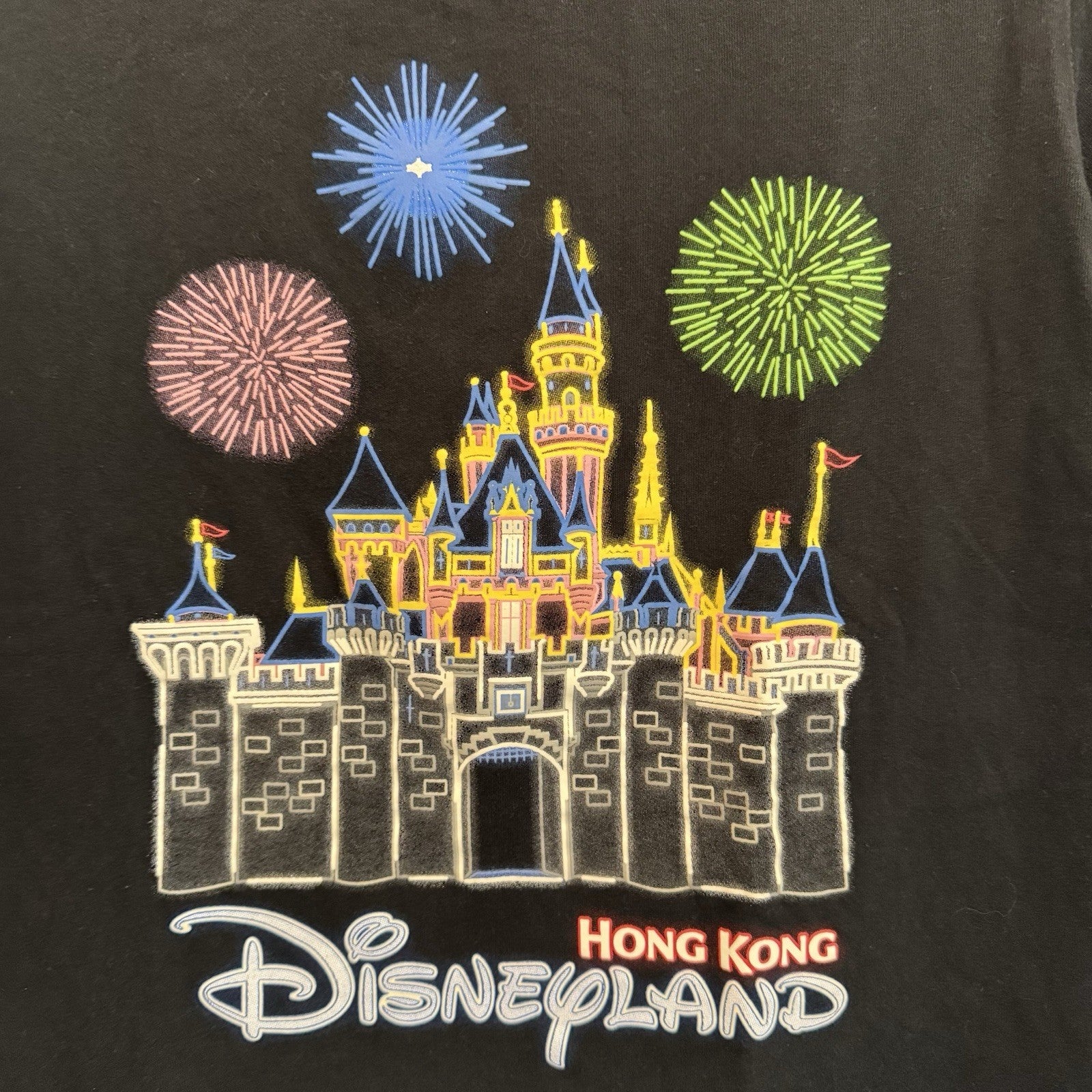 Hong Kong Disneyland Castle Fireworks Kids XS Black Graphic T-Shirt Disney Rare