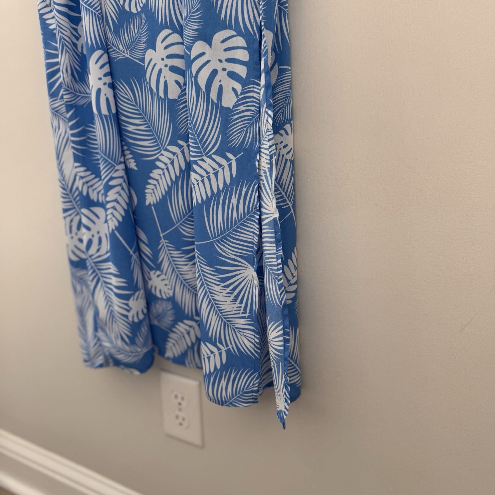 Pink Lily Blue Tropical Monstera Palm Print Maxi Dress Large L Side Slit Summer